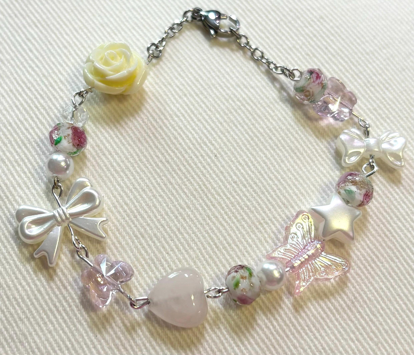 Pastel Pink Charm Bracelet, Coquette Bracelet, Cottagecore Bracelet