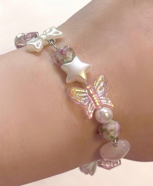 Pastel Pink Charm Bracelet, Coquette Bracelet, Cottagecore Bracelet